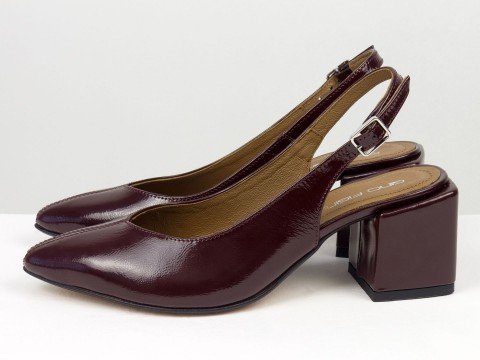 Бордовые лаковые  туфли с открытой пяткой из натуральной кожи на квадратном каблуке , С-1909/1-33